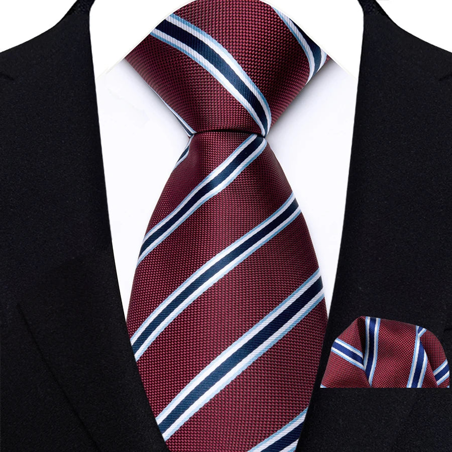 Red Classic Luxury Stripes Handkerchief Hanky Necktie Set