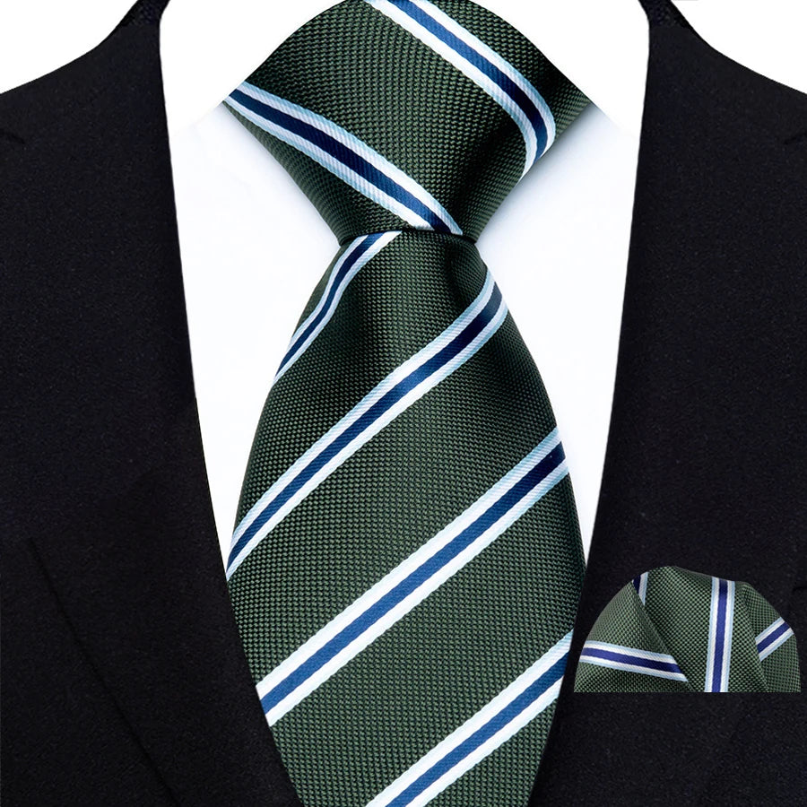Green Classic Luxury Stripes Handkerchief Hanky Necktie Set