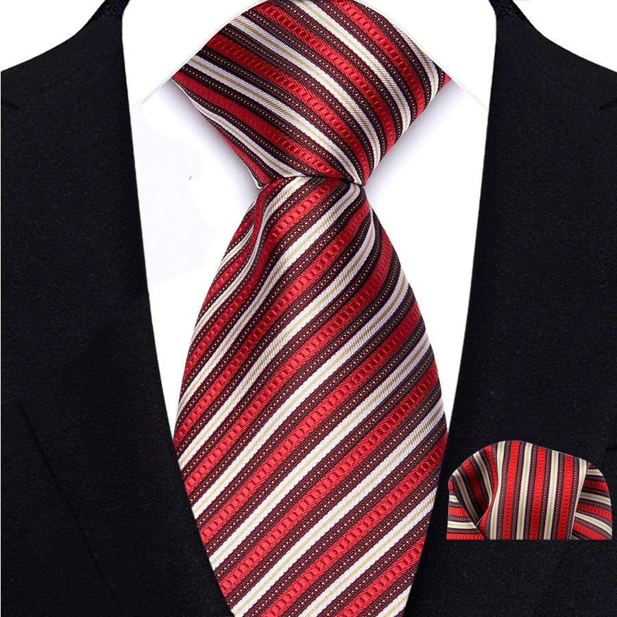 Red Classic Luxury Stripes Handkerchief Hanky Necktie Set