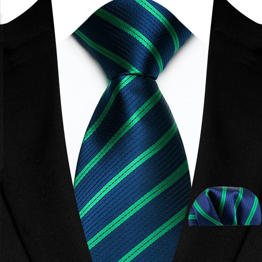 Blue Green Classic Luxury Stripes Handkerchief Hanky Necktie Set