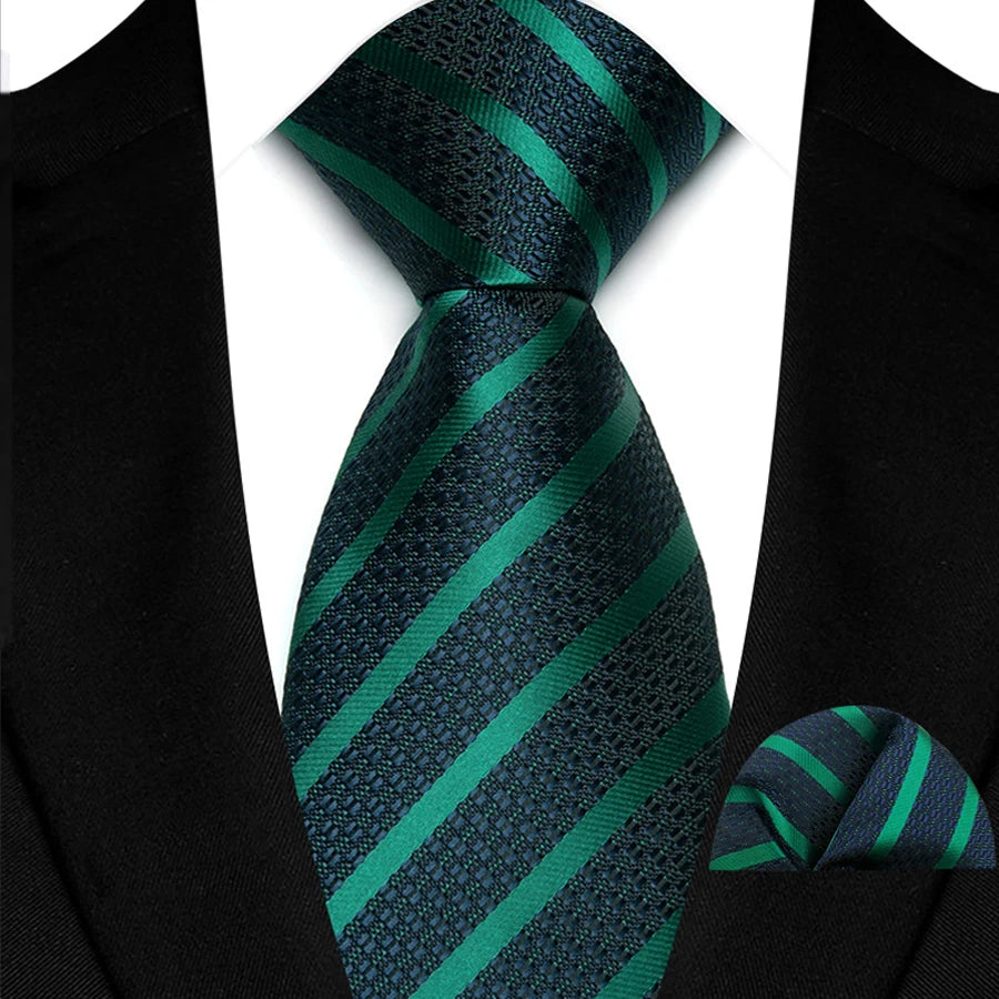 Green Classic Luxury Stripes Handkerchief Hanky Necktie Set