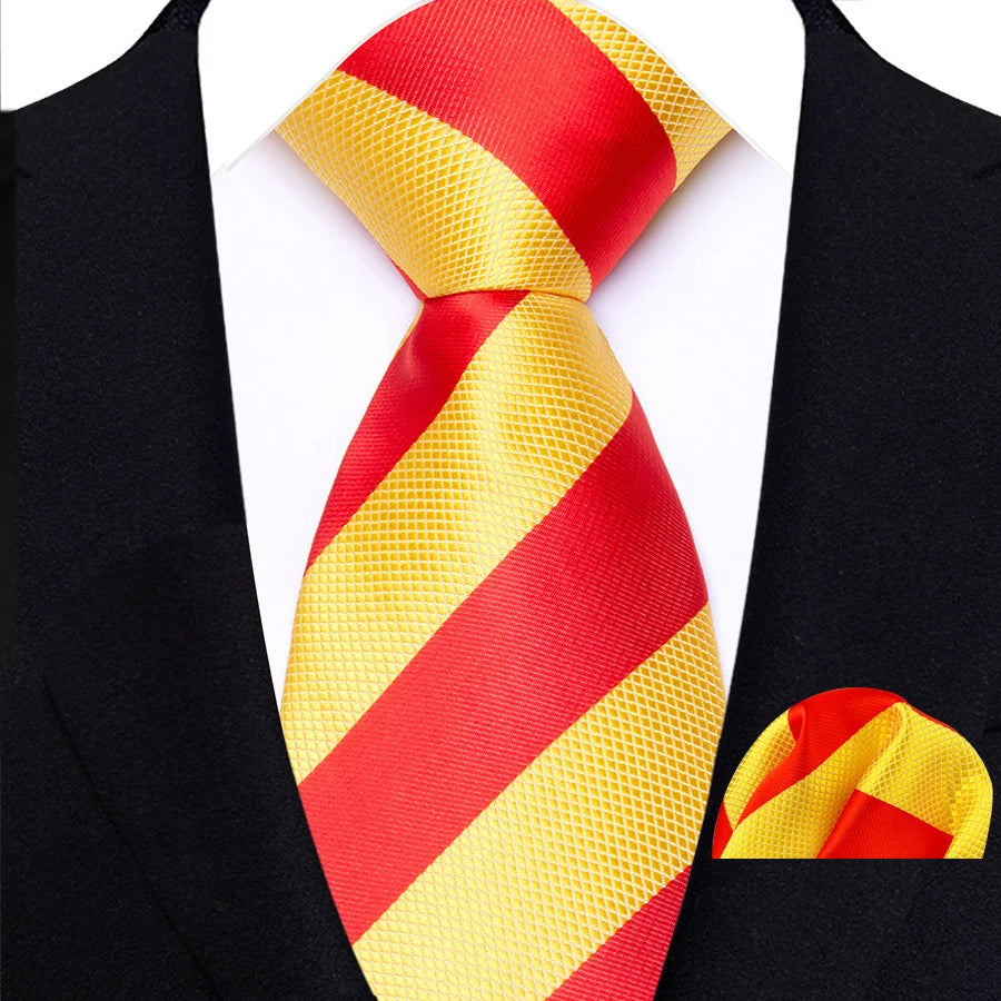 Yellow Red Classic Luxury Stripes Tie Handkerchief Set