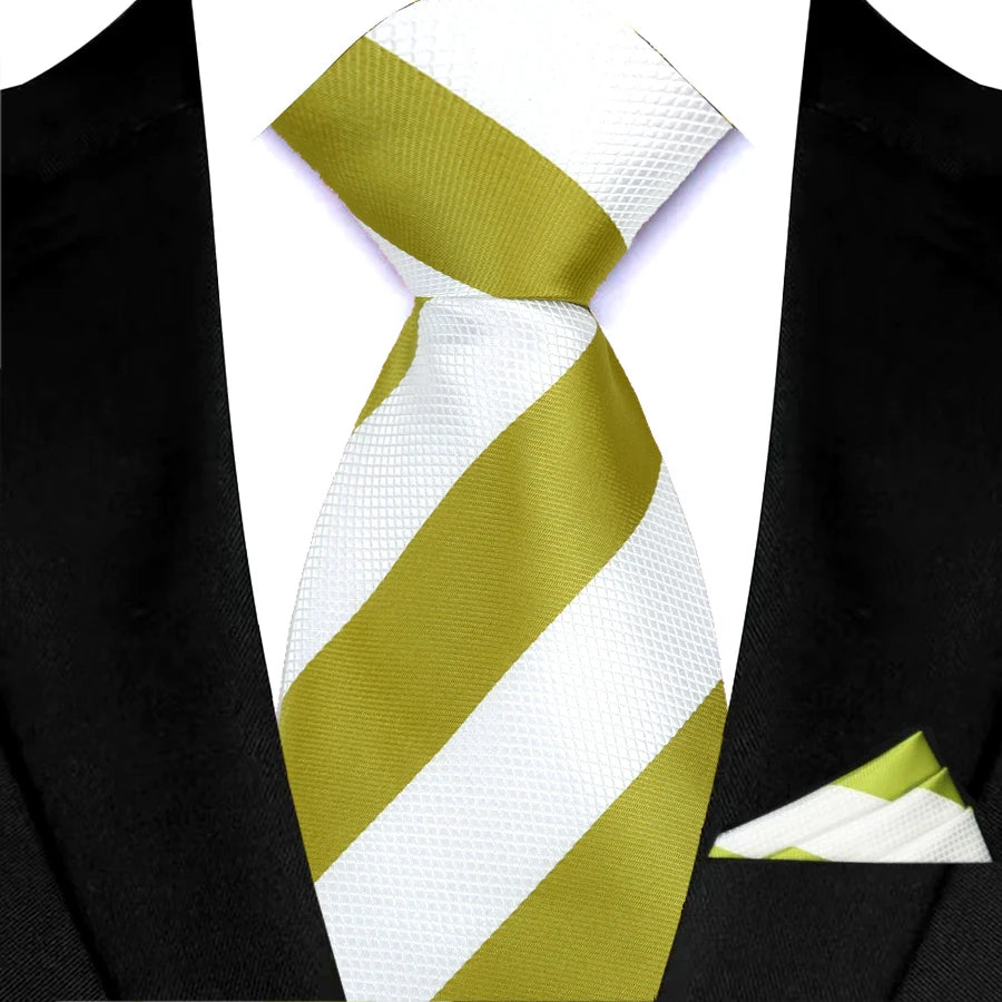 White Green Classic Luxury Stripes Tie Handkerchief Set