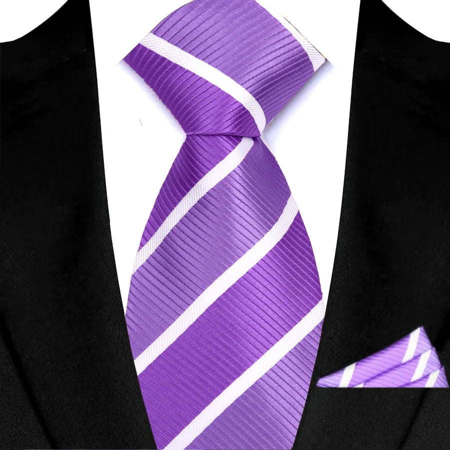 Purple Classic Luxury Stripes Tie Handkerchief Set