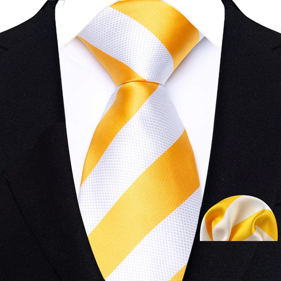 Yellow White Classic Luxury Stripes Tie Handkerchief Set