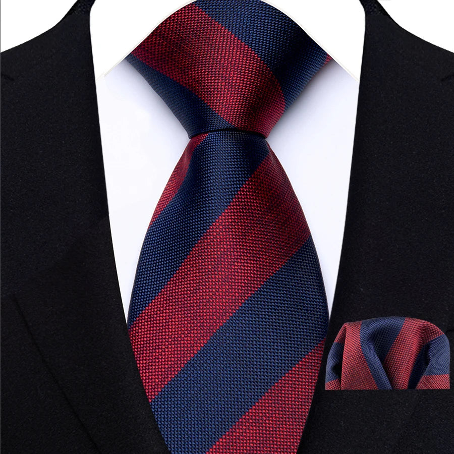 Blue Red Classic Luxury Stripes Tie Handkerchief Set