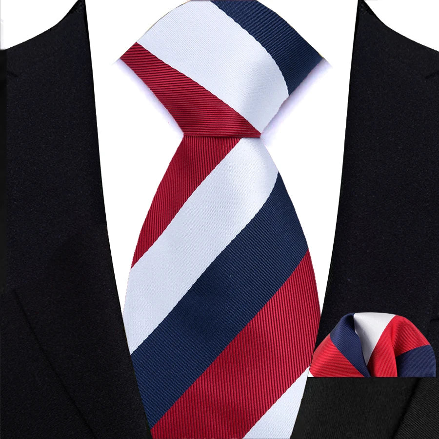 Blue Red White Classic Luxury Stripes Tie Handkerchief Set