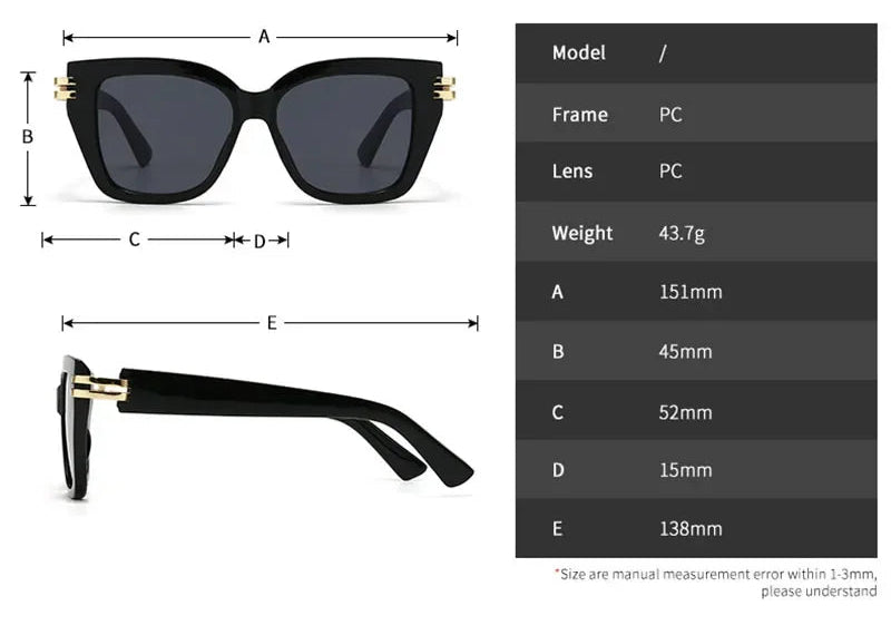 Size of Classic Luxury Vintage Square UV400 Sunglasses