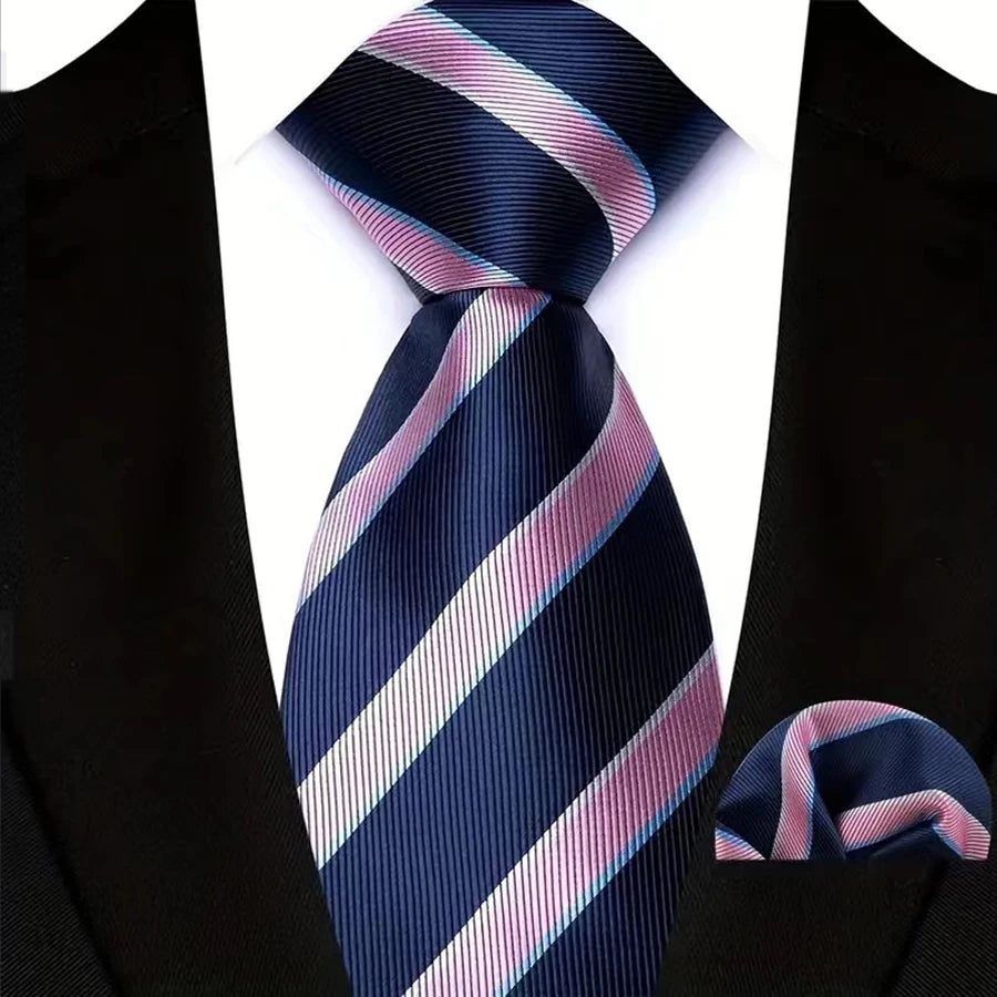 Classic Navy Polka Dot Stripes 8cm Hanky Tie Set