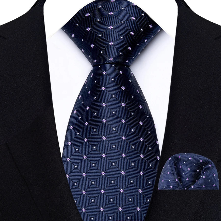 Black Classic Navy Polka Dot Stripes 8cm Hanky Tie Set