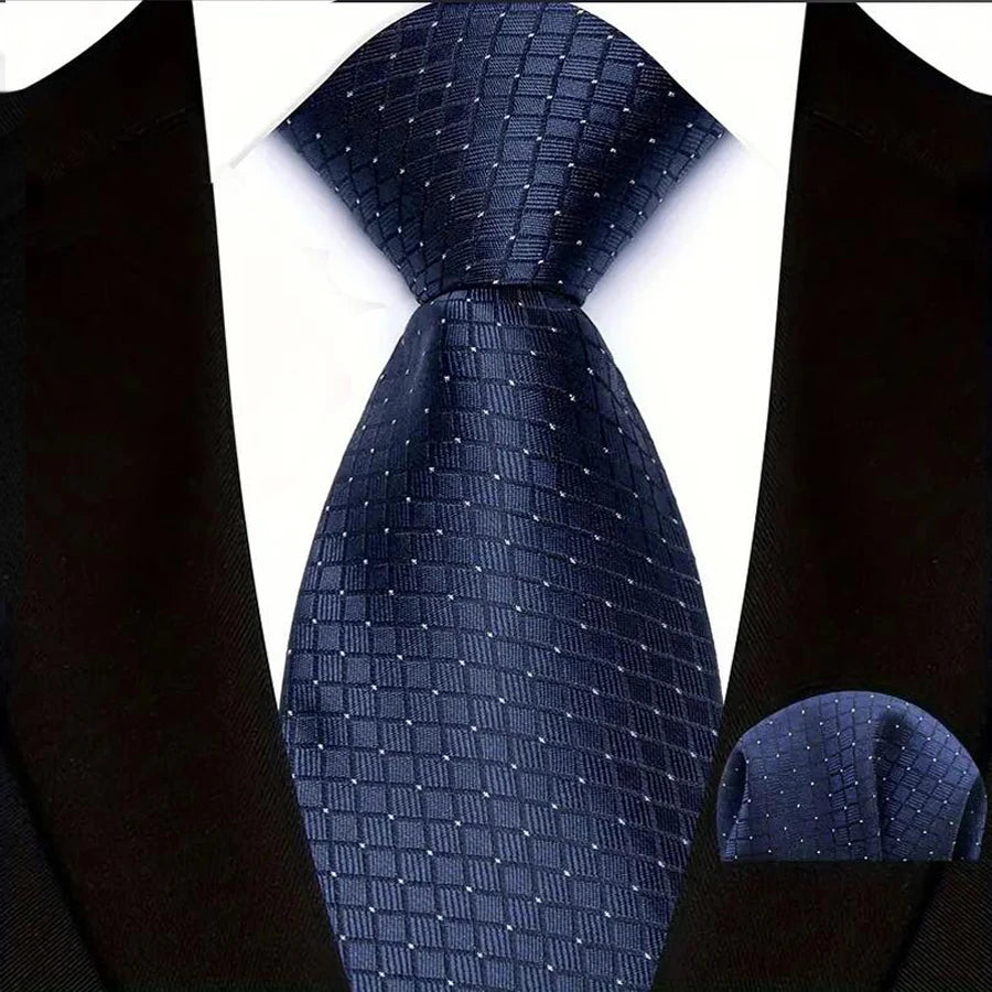 Classic Navy Polka Dot Stripes 8cm Hanky Tie Set