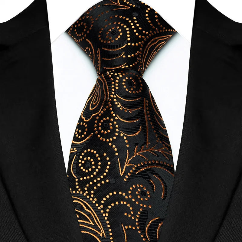Gold Black Classic Paisley Floral Dot 8cm Jacquard Necktie