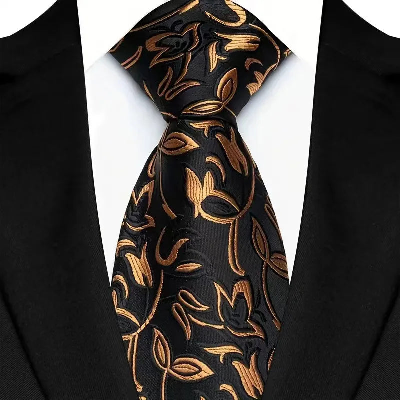 Gold Black Classic Paisley Floral Dot 8cm Jacquard Necktie