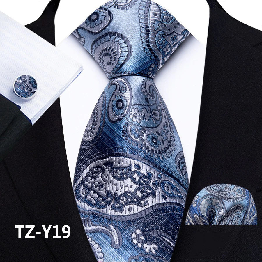 Blue Classic Paisley Silk Handkerchief Cufflinks Tie Set