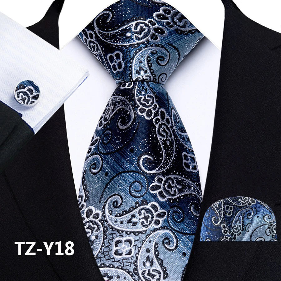 Blue Classic Paisley Silk Handkerchief Cufflinks Tie Set