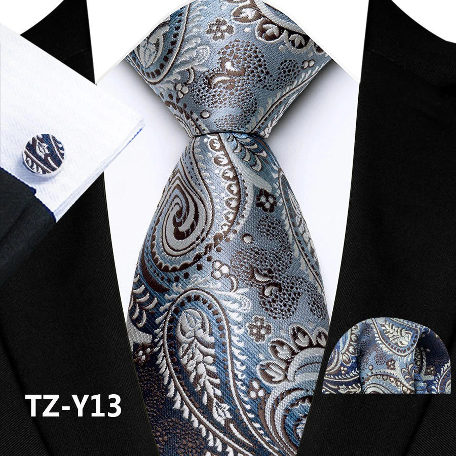 Gray Classic Paisley Silk Handkerchief Cufflinks Tie Set