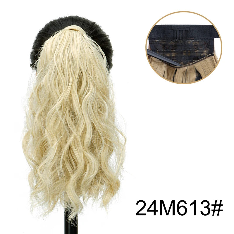 White Clip Ponytail 14Inch Wavy Curly Wrap Hair Extension