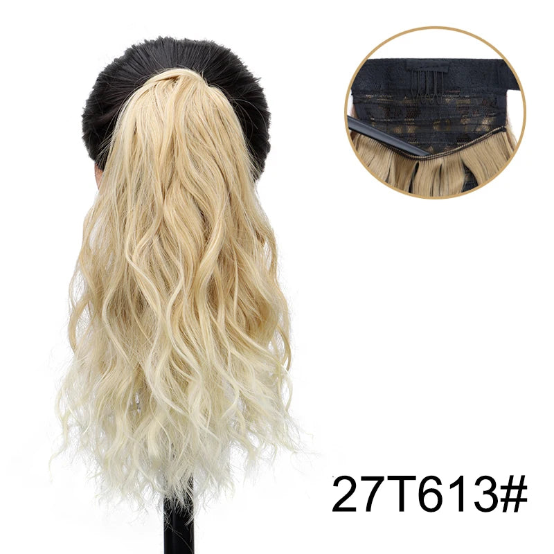 White Clip Ponytail 14Inch Wavy Curly Wrap Hair Extension