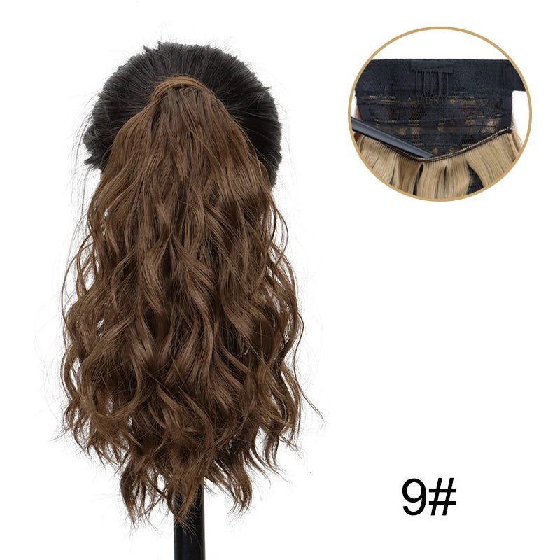 Brown Clip Ponytail 14Inch Wavy Curly Wrap Hair Extension