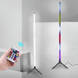 RGB corner floor lamp with color-changing ambient lighting in bedroom