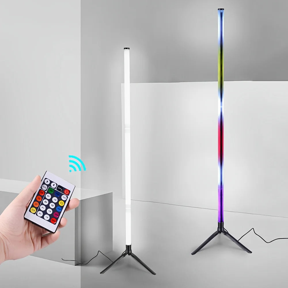 RGB corner floor lamp with color-changing ambient lighting in bedroom
