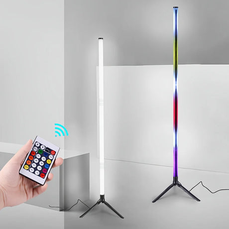 RGB corner floor lamp with color-changing ambient lighting in bedroom