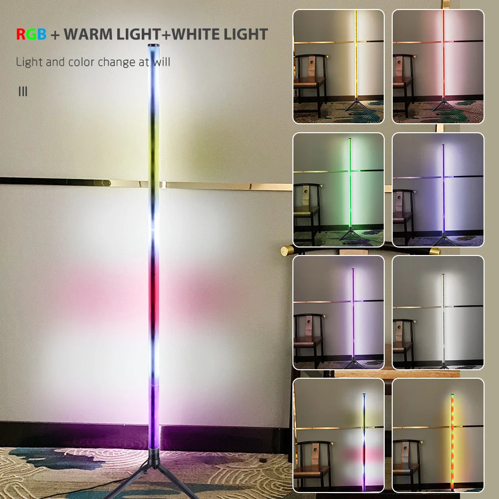 RGB corner floor lamp with color-changing ambient lighting in bedroom
