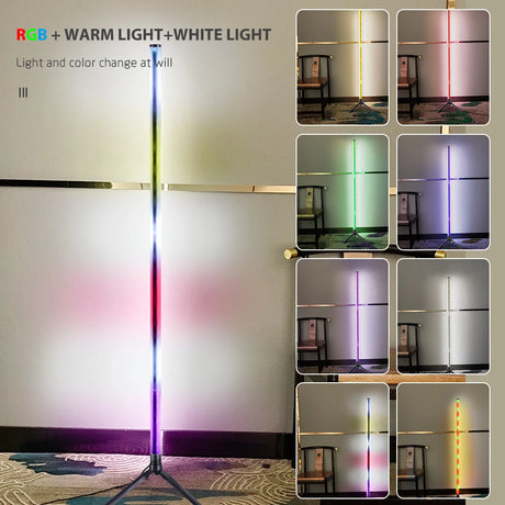 RGB corner floor lamp with color-changing ambient lighting in bedroom