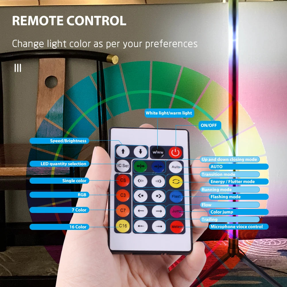 RGB corner floor lamp with color-changing ambient lighting in bedroom
