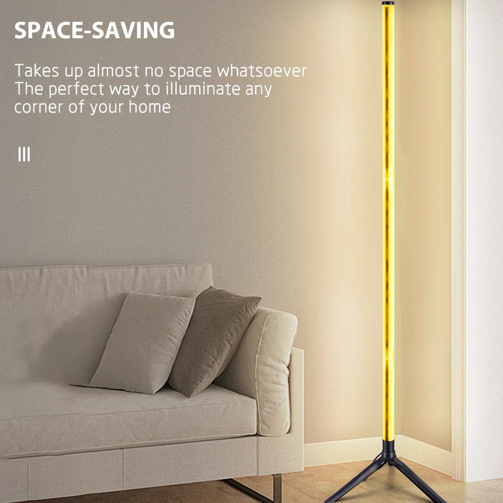 RGB corner floor lamp with color-changing ambient lighting in bedroom