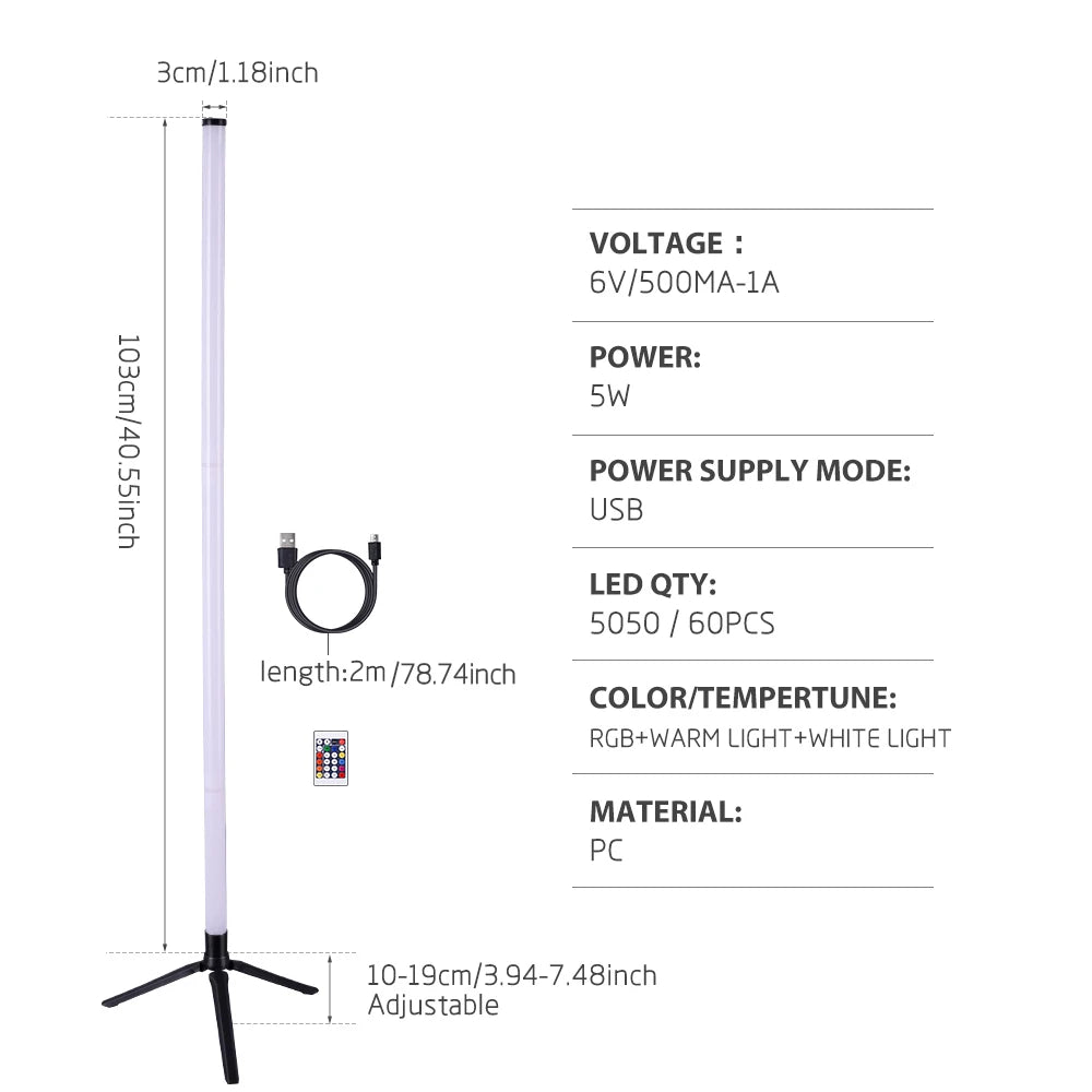 RGB corner floor lamp with color-changing ambient lighting in bedroom