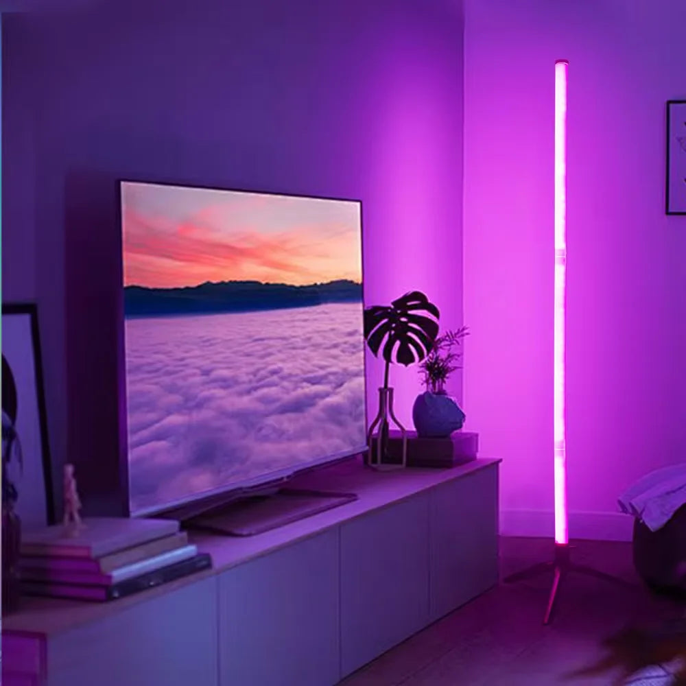 RGB corner floor lamp with color-changing ambient lighting in bedroom