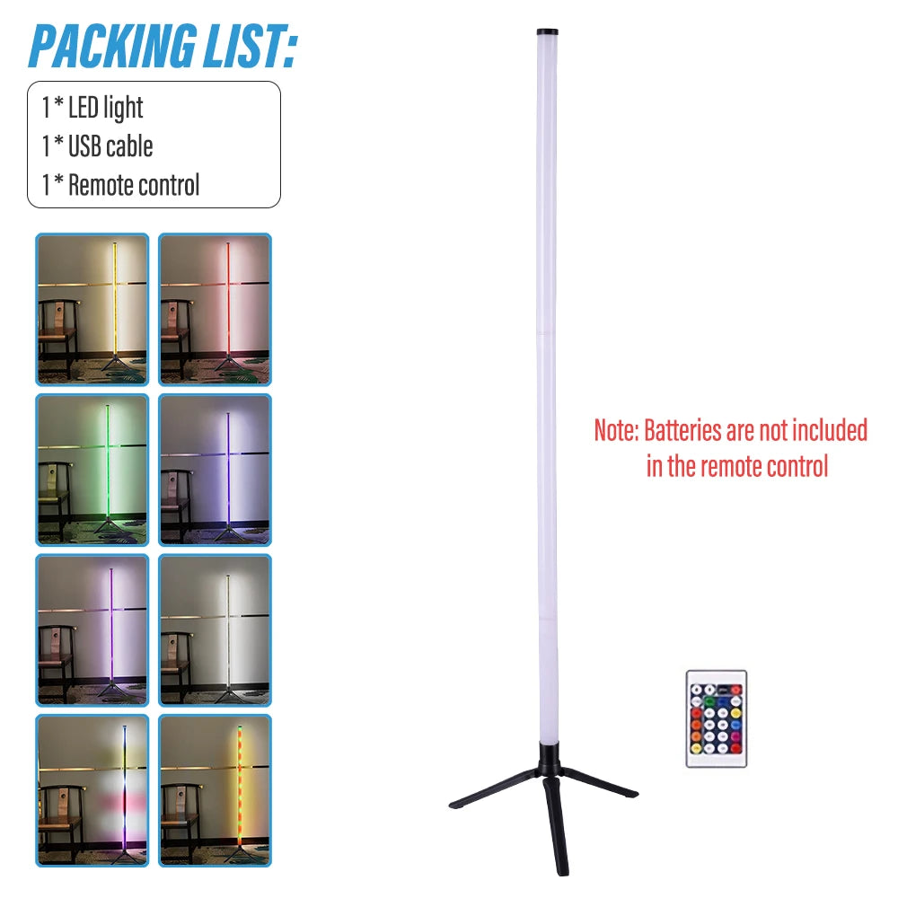 RGB corner floor lamp with color-changing ambient lighting in bedroom