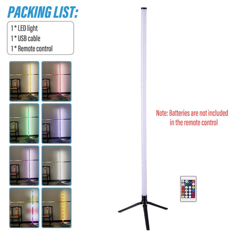 RGB corner floor lamp with color-changing ambient lighting in bedroom