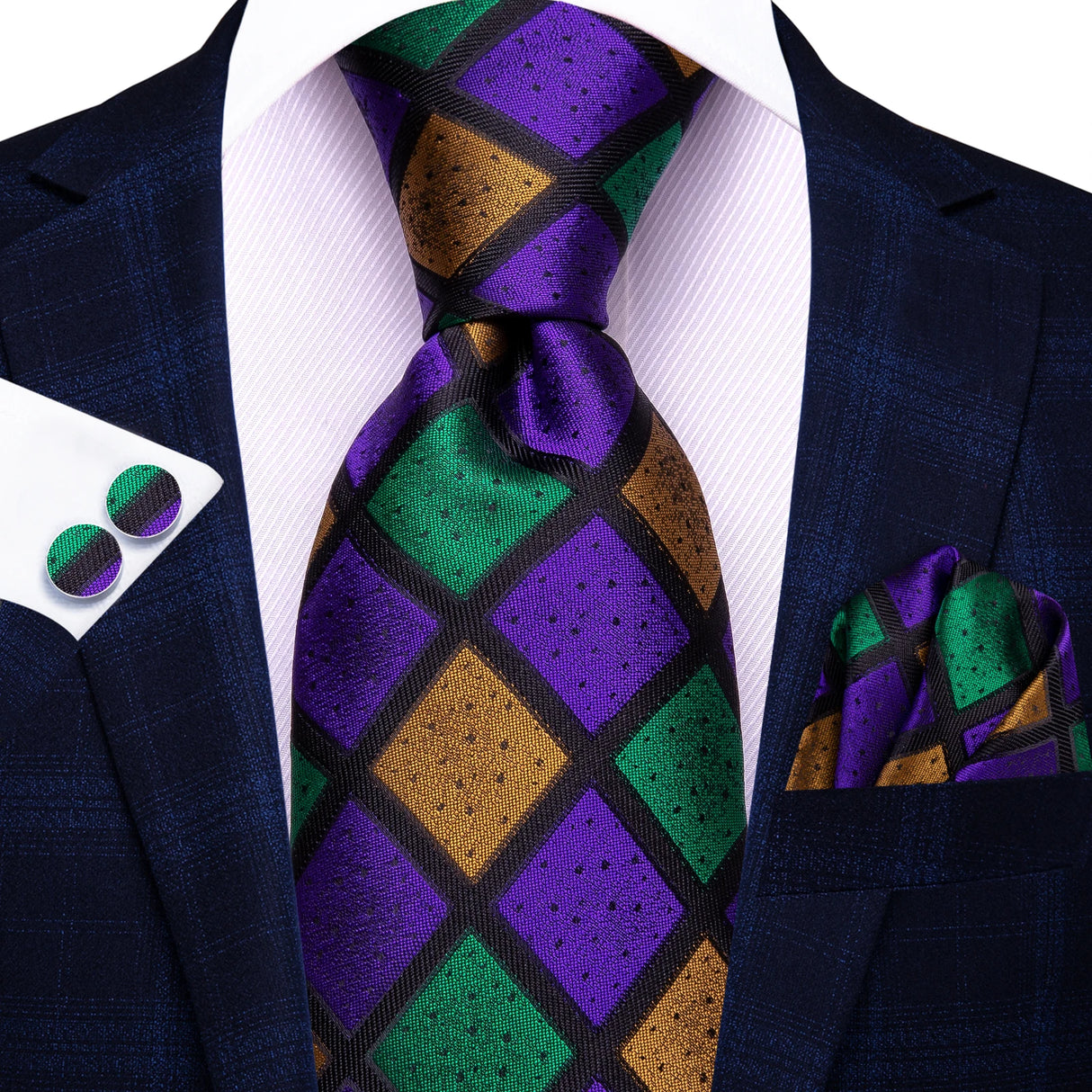 Colorful Check Male Wedding Handkerchief Cufflinks Set Necktie