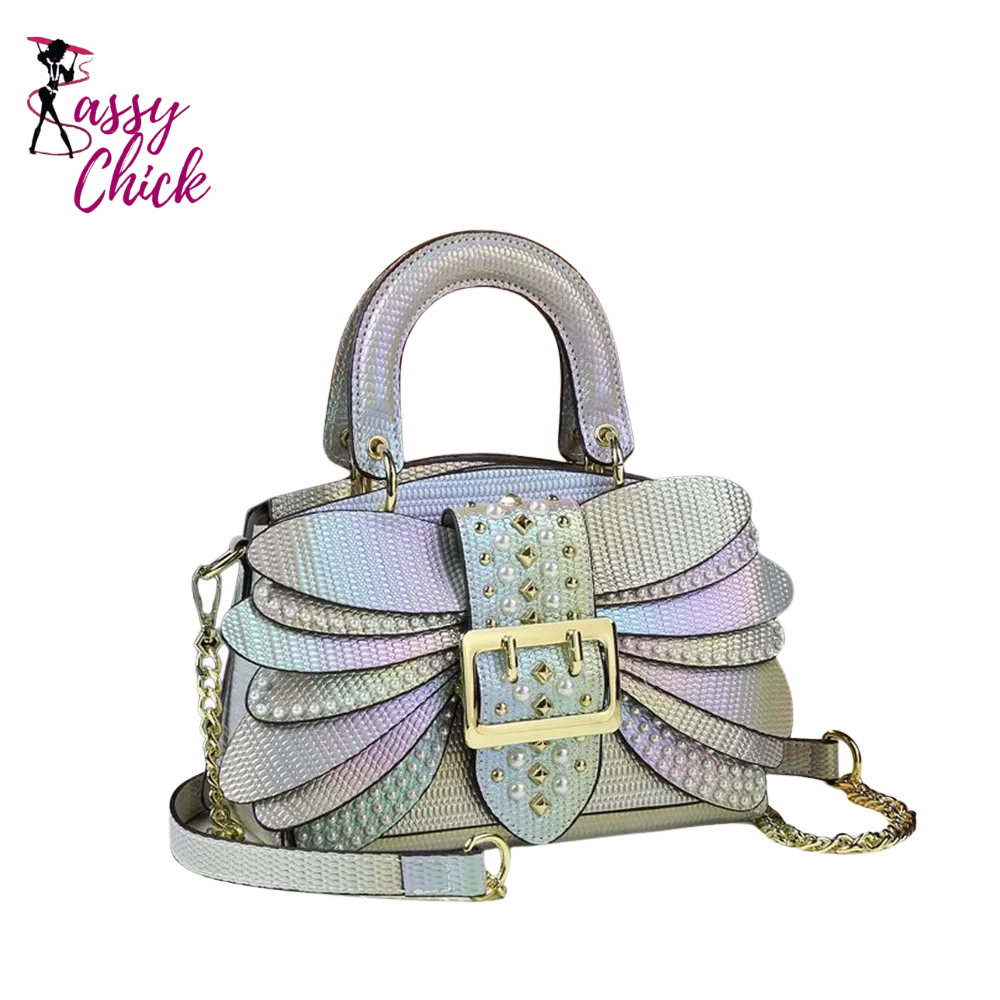 Colorful Riveted Wing Hand-held Crossbody Bag Sassy Chick Logo
