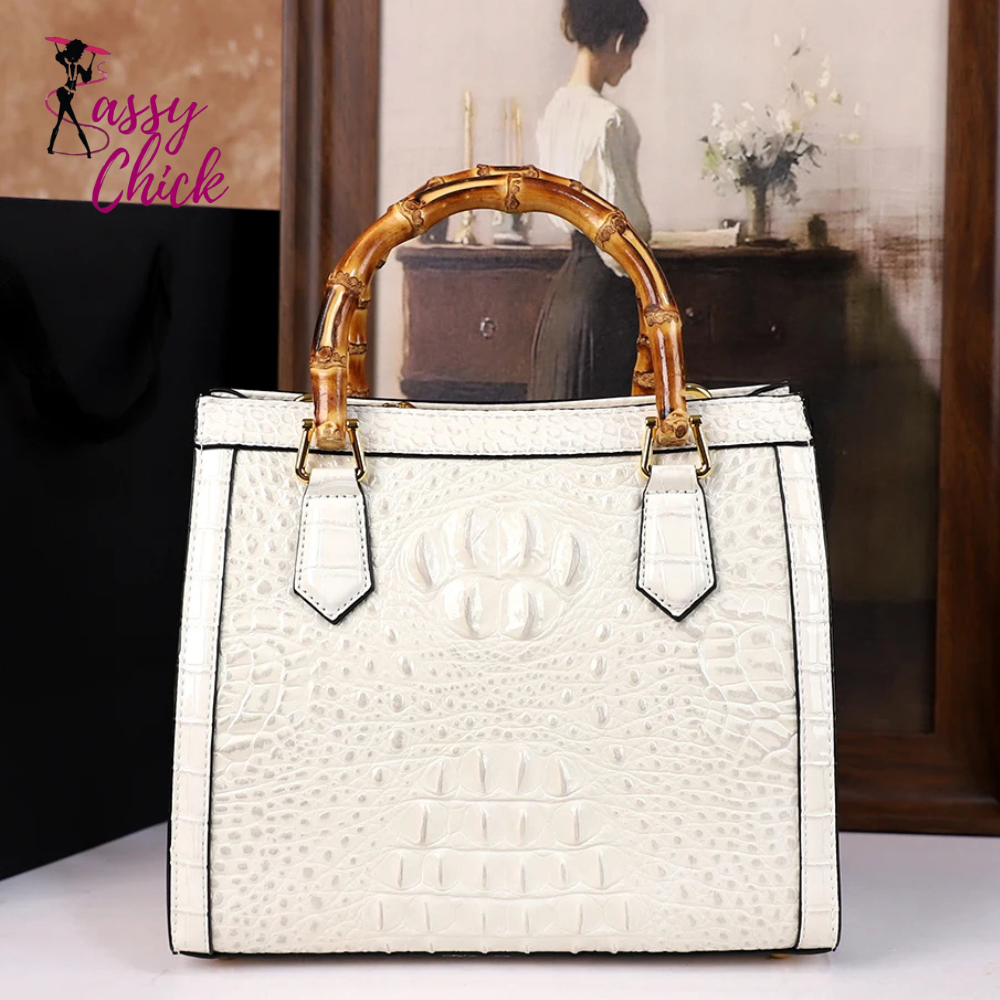 Crocodile Patterned Middle Aged Bamboo Joint Handbag Sassy Chick Logo
