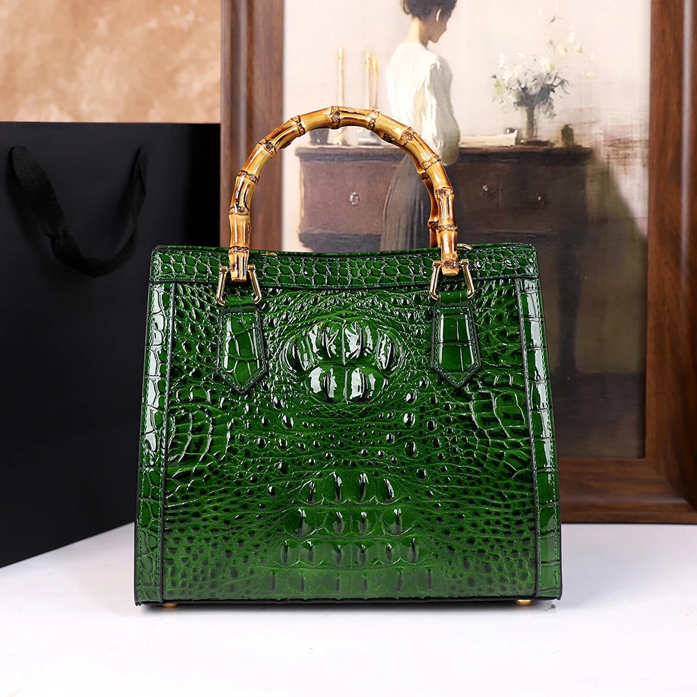 Green Crocodile Patterned Middle Aged Bamboo Joint Handbag