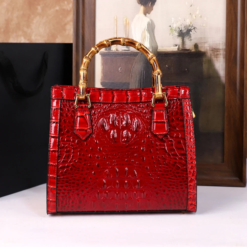 Red Crocodile Patterned Middle Aged Bamboo Joint Handbag