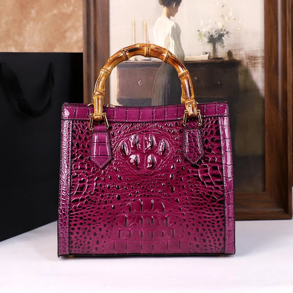 Purple Crocodile Patterned Middle Aged Bamboo Joint Handbag