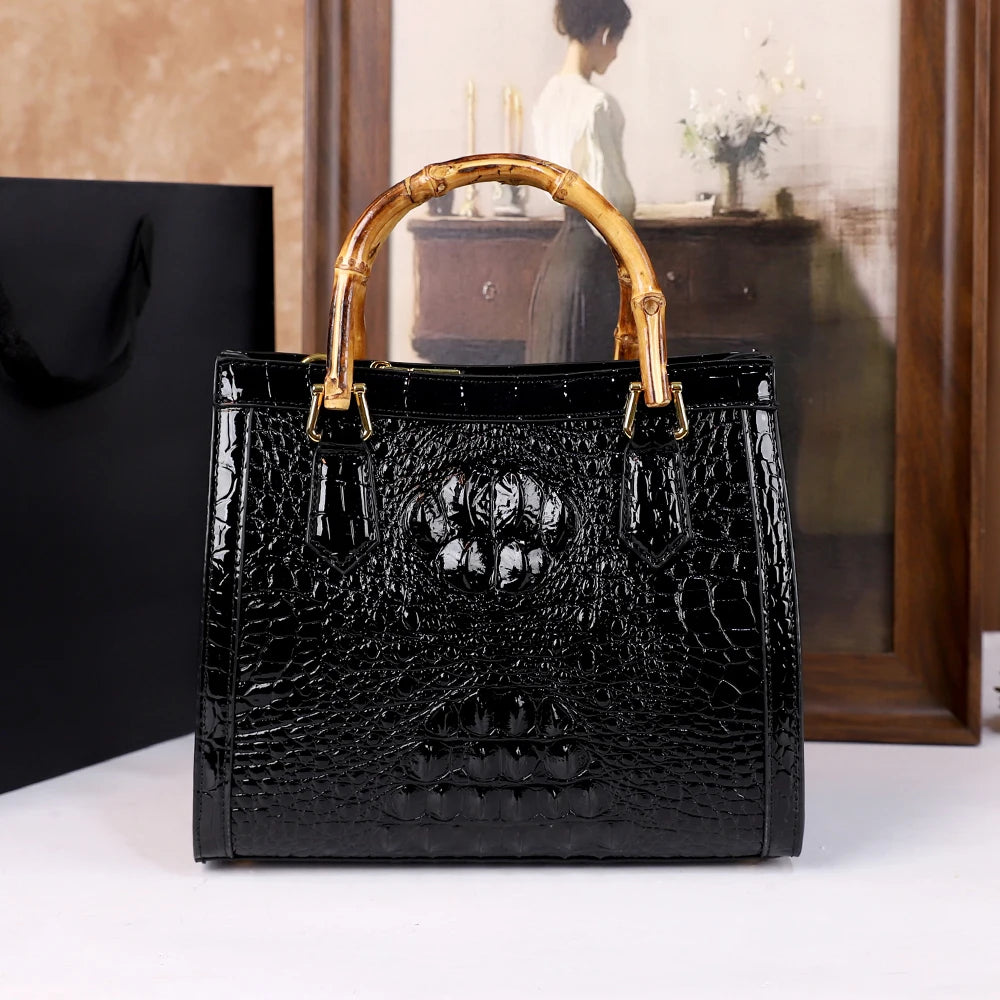 Black Crocodile Patterned Middle Aged Bamboo Joint Handbag