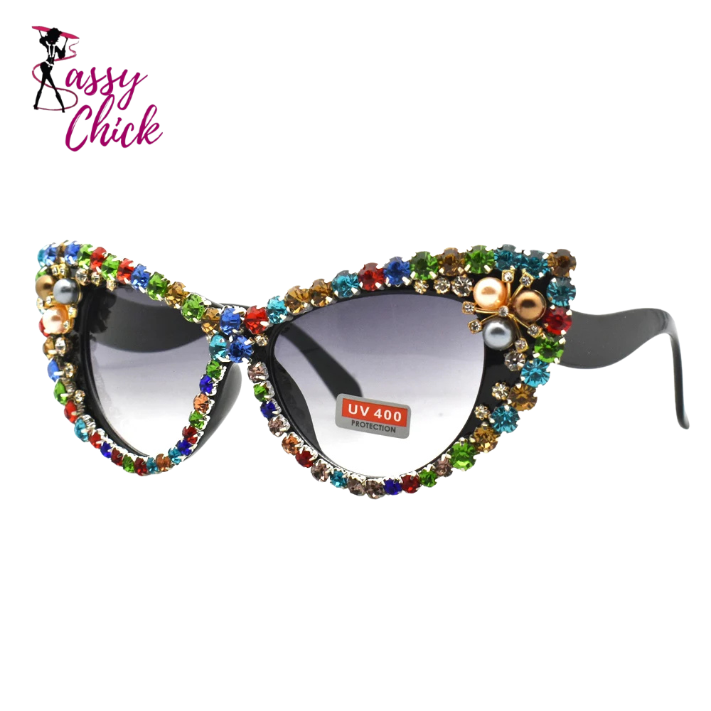 Crystal Bling Retro Cat Eye Pearl Rhinestone Sunglasses Sassy Chick Logo