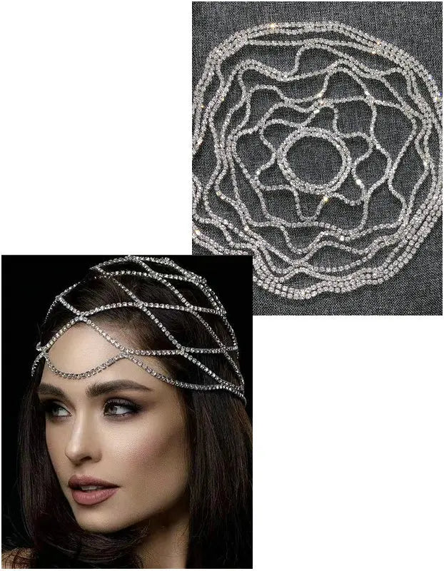Crystal rhinestone bridal flapper headpiece with forehead and backside chain design