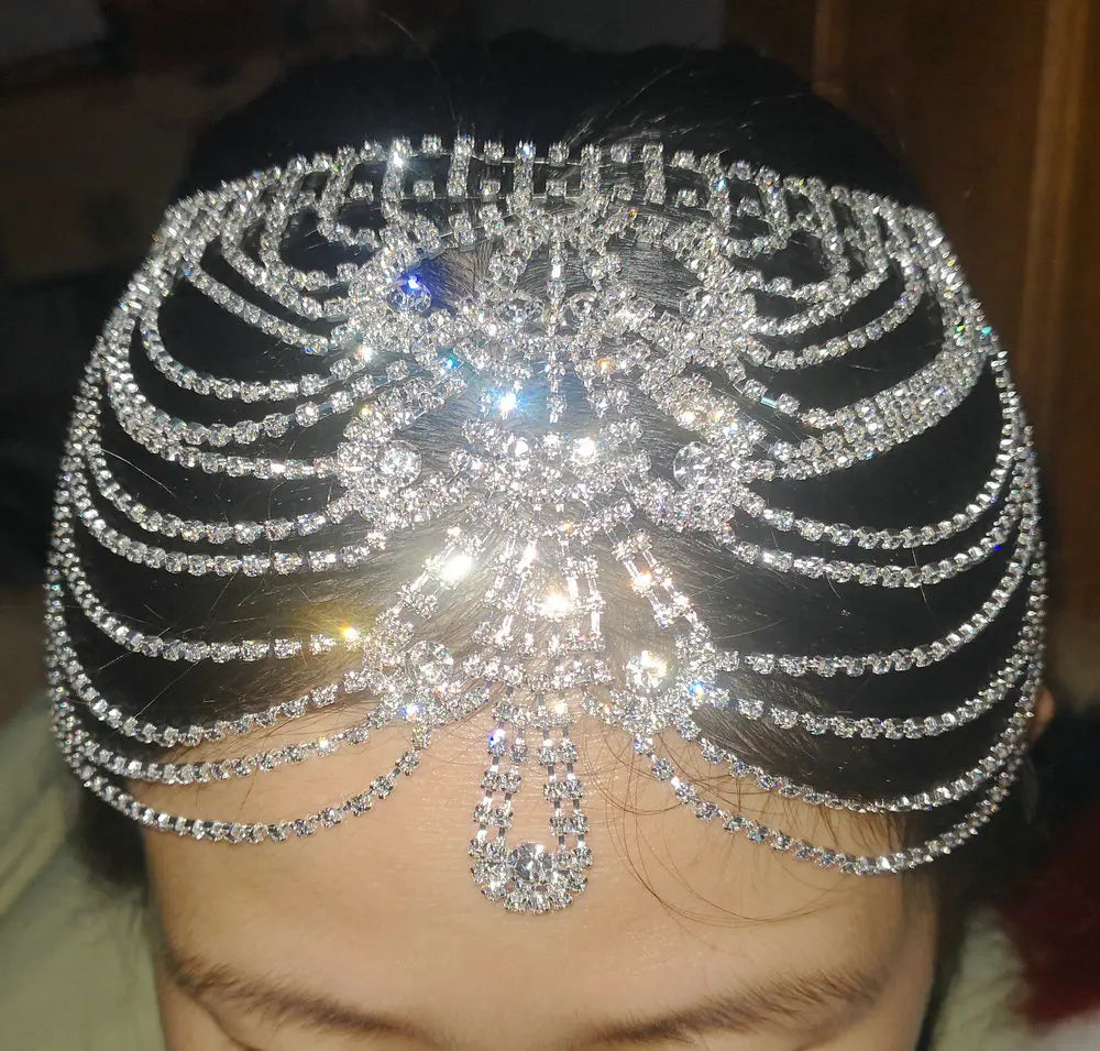 Crystal rhinestone bridal flapper headpiece with forehead and backside chain design