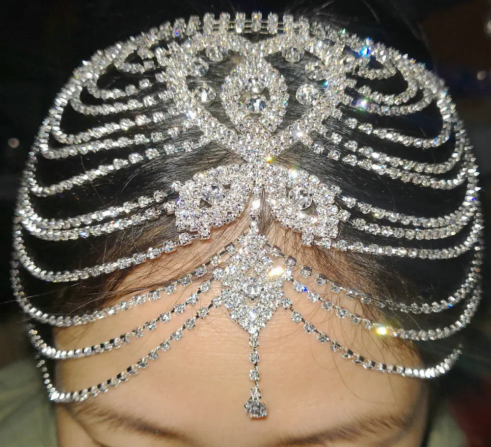 Crystal rhinestone bridal flapper headpiece with forehead and backside chain design