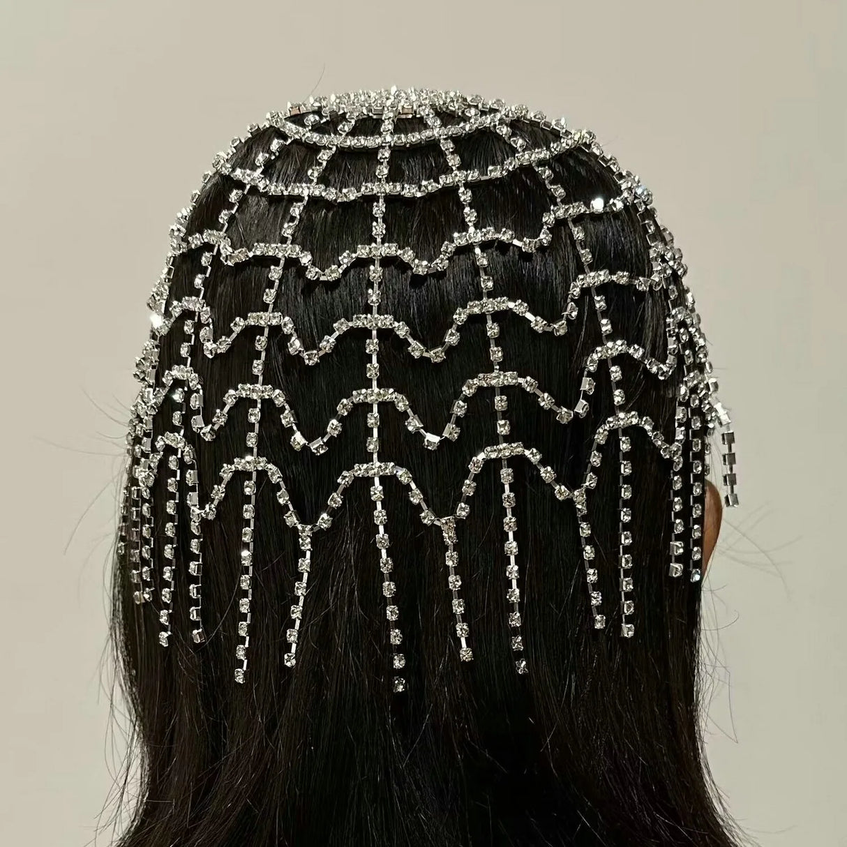 Crystal rhinestone bridal flapper headpiece with forehead and backside chain design