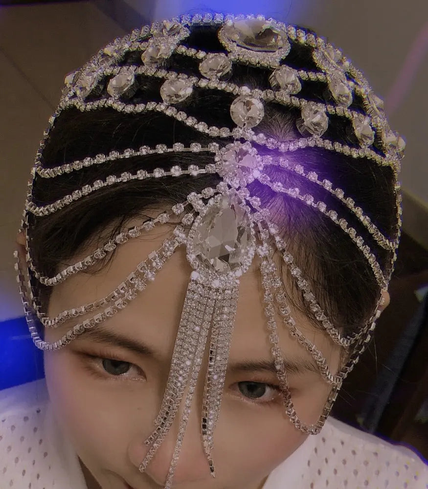 Crystal rhinestone bridal flapper headpiece with forehead and backside chain design