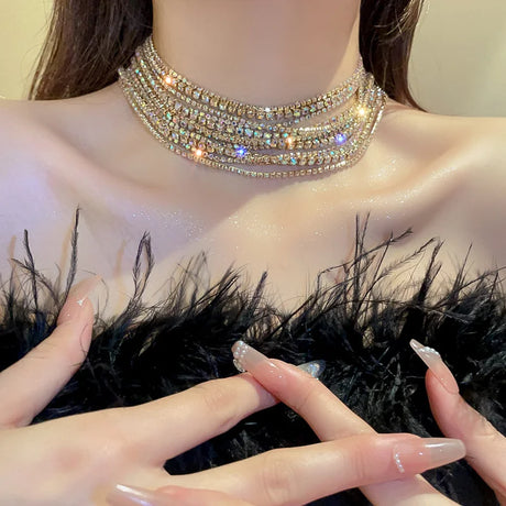 model using Crystal Layered Choker Necklace