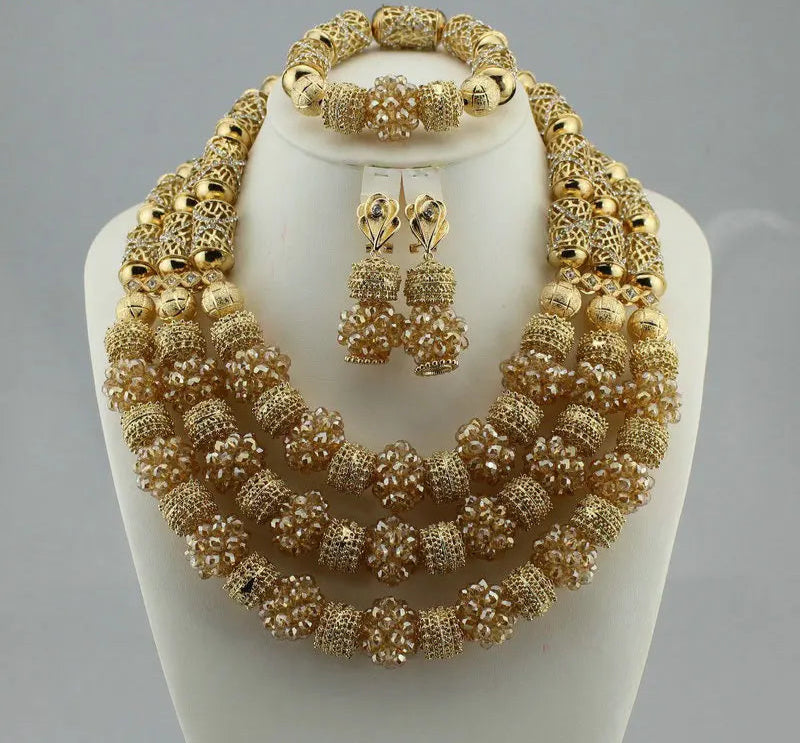 Crystal Multi Layer Beads Necklace Jewelry Set Gold
