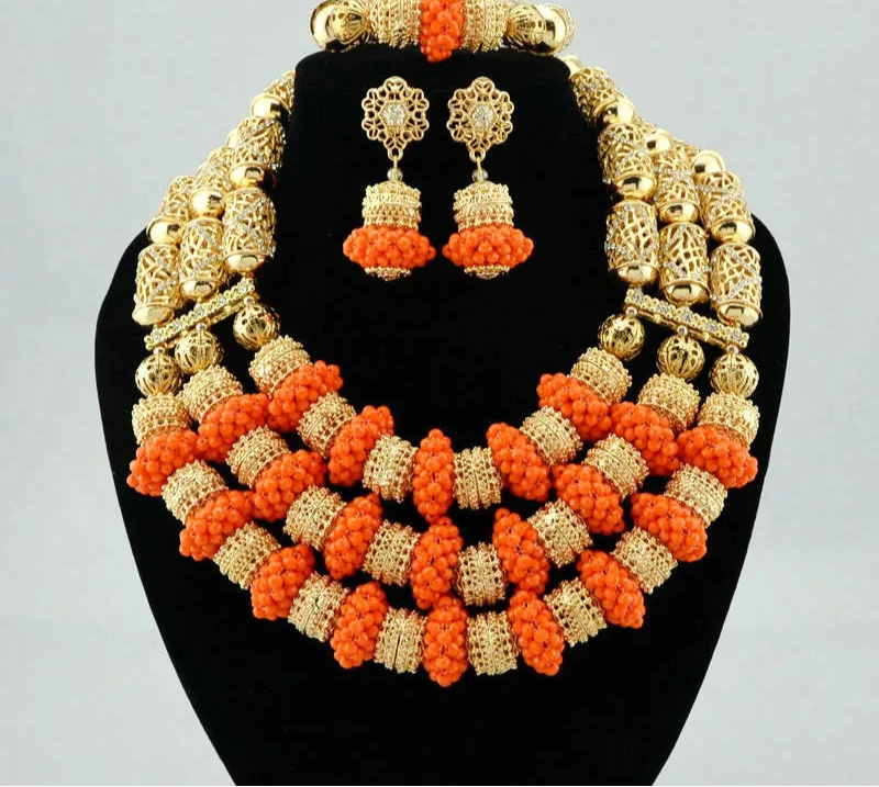 Orange Gold Crystal Multi Layer Beads Necklace Jewelry Set